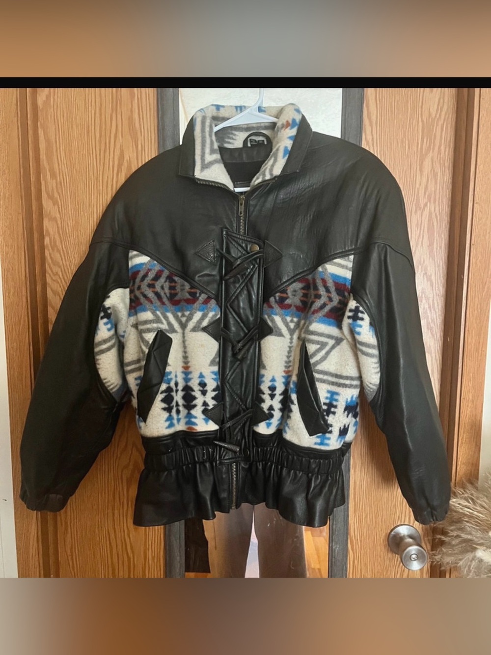 Overland Outfitters Women’s Leather Wool Aztec Coat Size XS Western Vintage